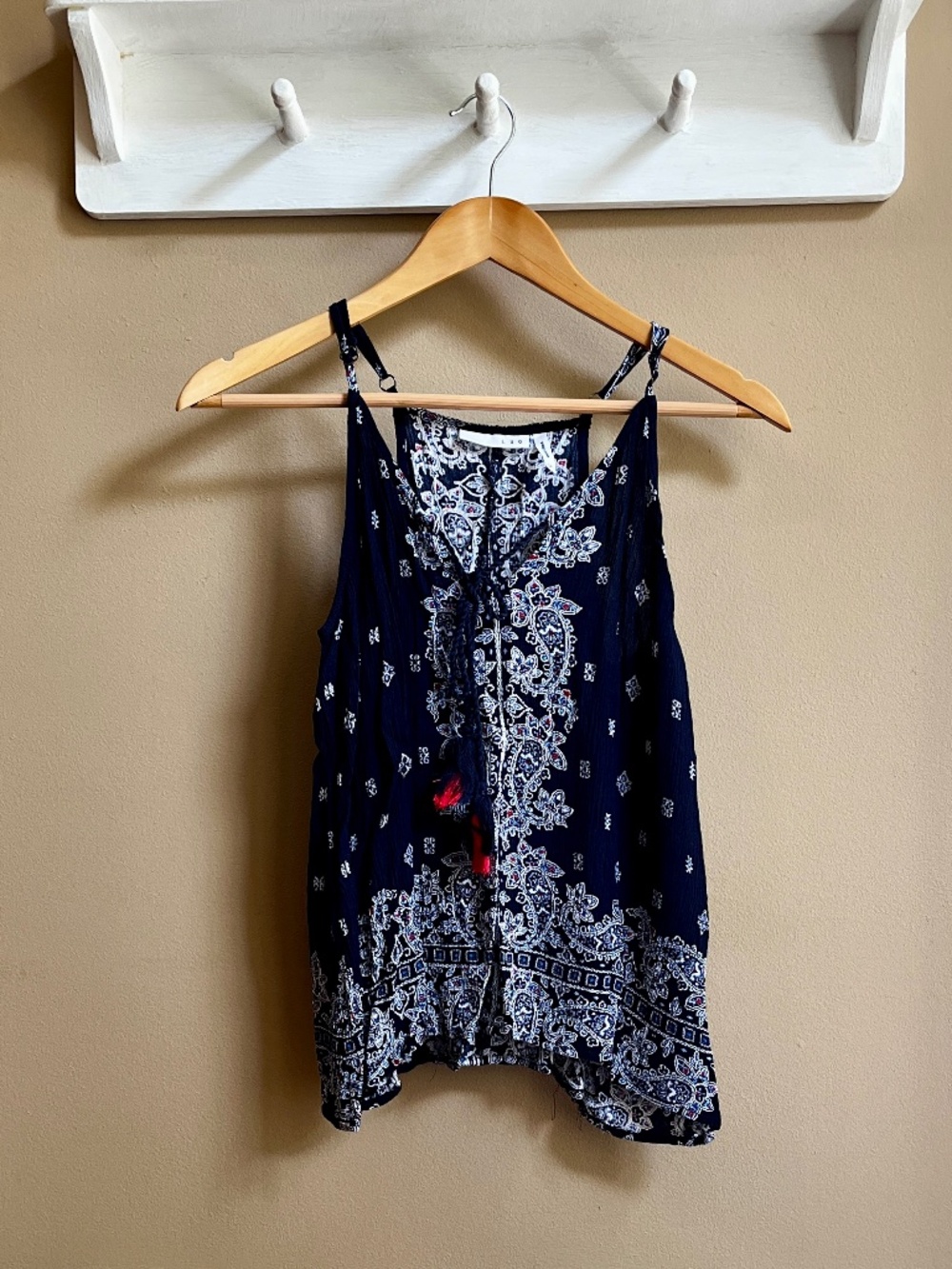 LUQ Rachell Tie Detail Halter Top Navy Paisley Tassel Boho Size SP